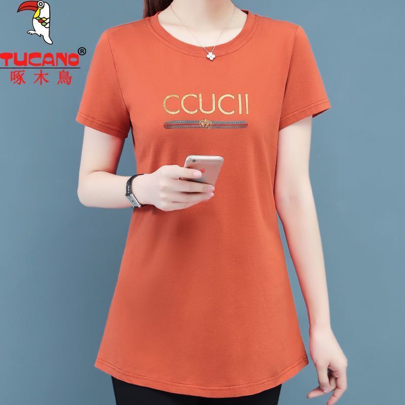 Woodpecker short-sleeved women's pure cotton 2021 loose mid-length t-shirt large size new all-match hot drill bottoming shirt