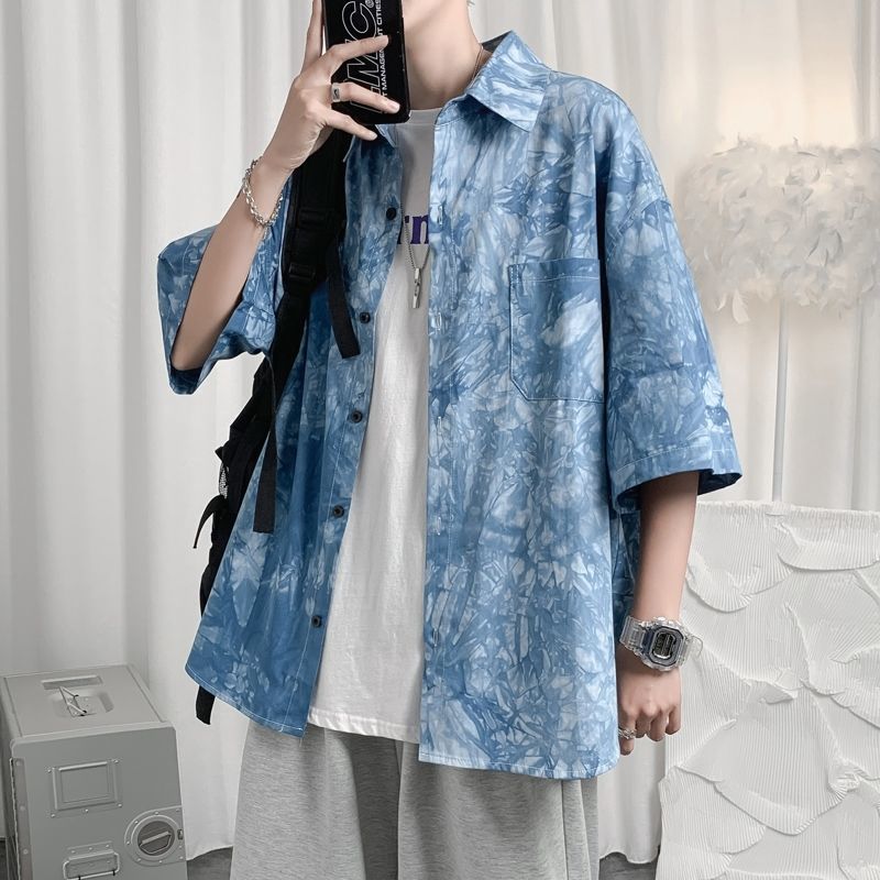 Tie-dyed shirt boys Joker short sleeve summer shirt Hong Kong style Korean trend student coat half sleeve ruffian handsome coat