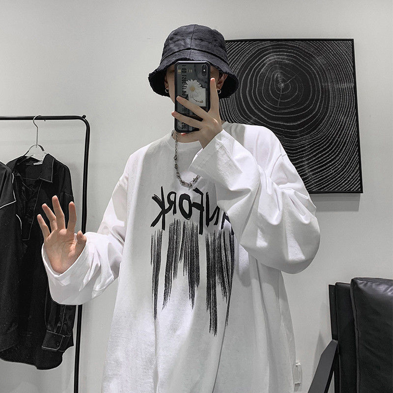 港風復古100%純棉秋季新款長袖男T恤寬鬆韓版潮流百搭休閒上衣男