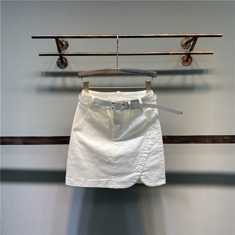 2023 summer new solid color button denim skirt women's large size high waist all-match casual bag hip one step skirt