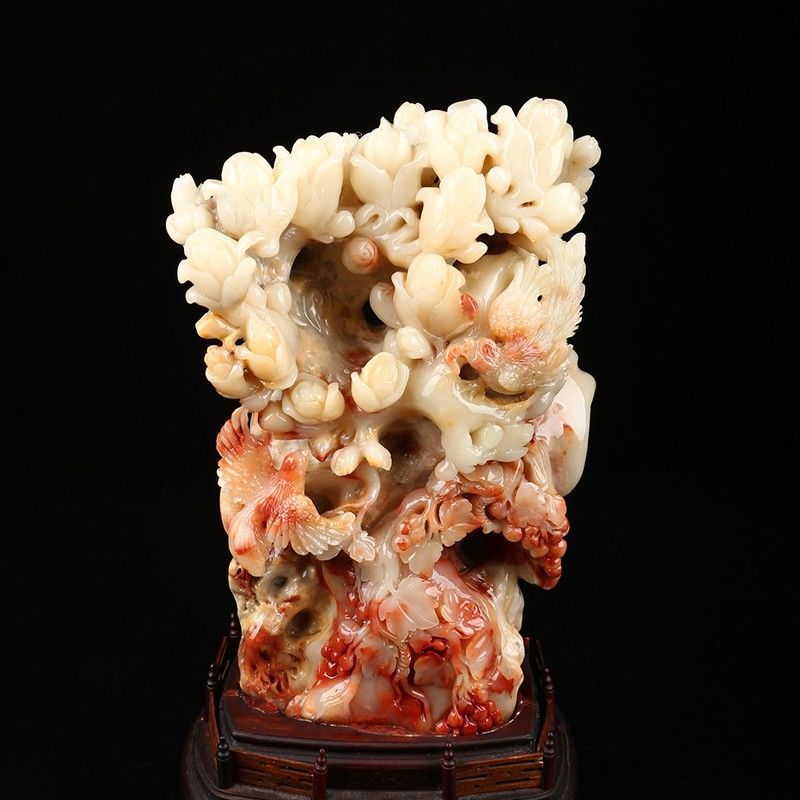 福建寿山石摆件《白玉兰》寿山芙蓉石天然花鸟客厅桌面石雕玄关
