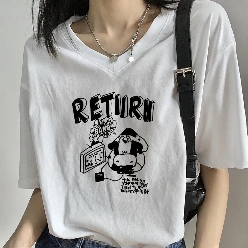 純棉短袖女2023新款夏季女生短袖衫V領寬鬆白色t恤女裝學生上衣潮