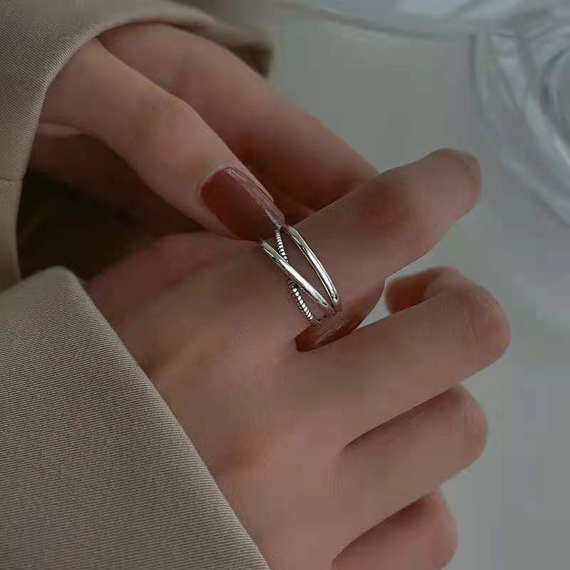 纯银食指戒指女时尚个性简约韩版ins潮925银复古链条蹦迪开口指环