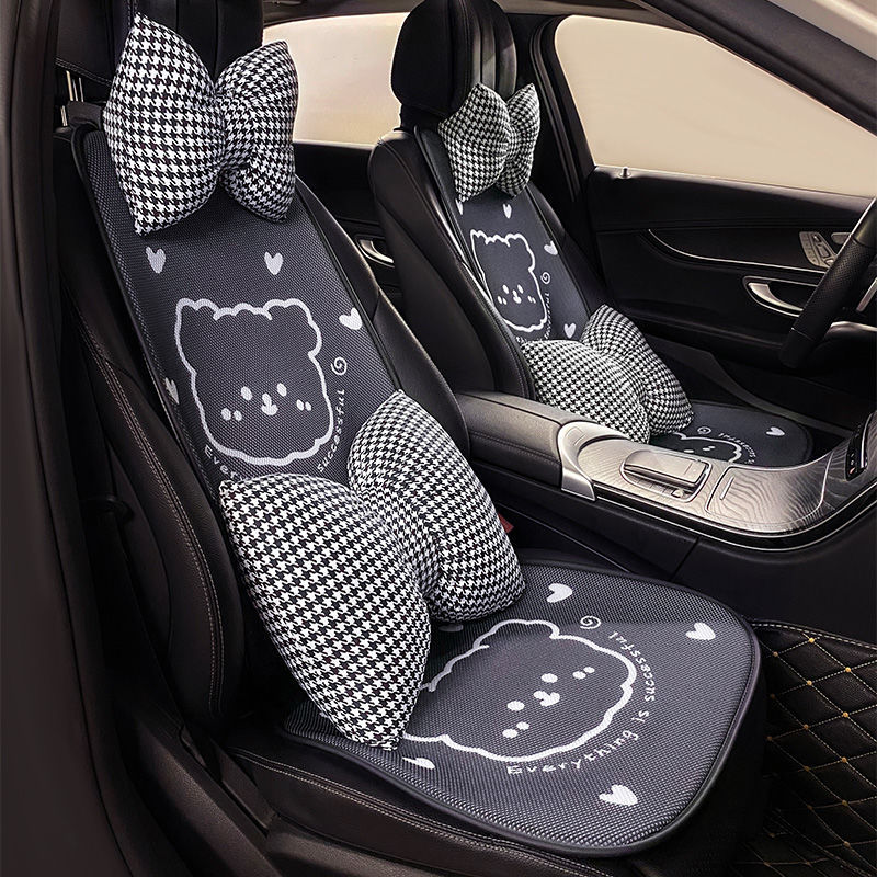 汽车坐垫可爱黑色爱心熊网格透气创意防滑可机洗车内饰品四季通用