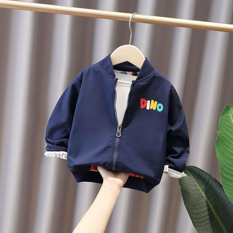 儿童两面穿棒球服外套2022洋气秋装男宝宝韩版夹克衫格子卡通上衣