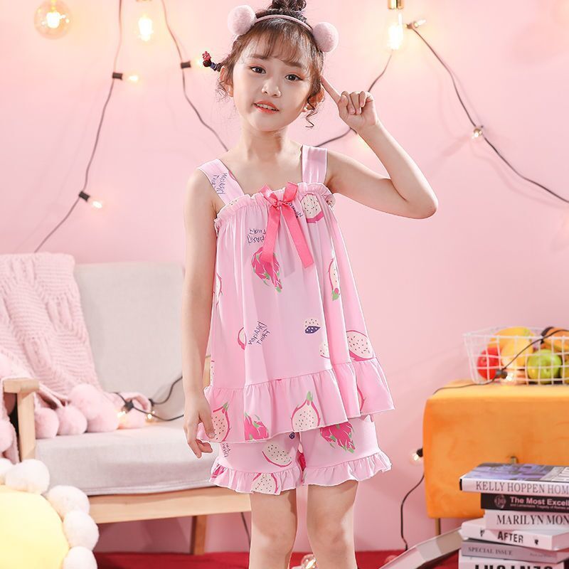 Children's pajamas summer sling thin suit cartoon cute girl baby sleeveless sling middle and big children's home clothes