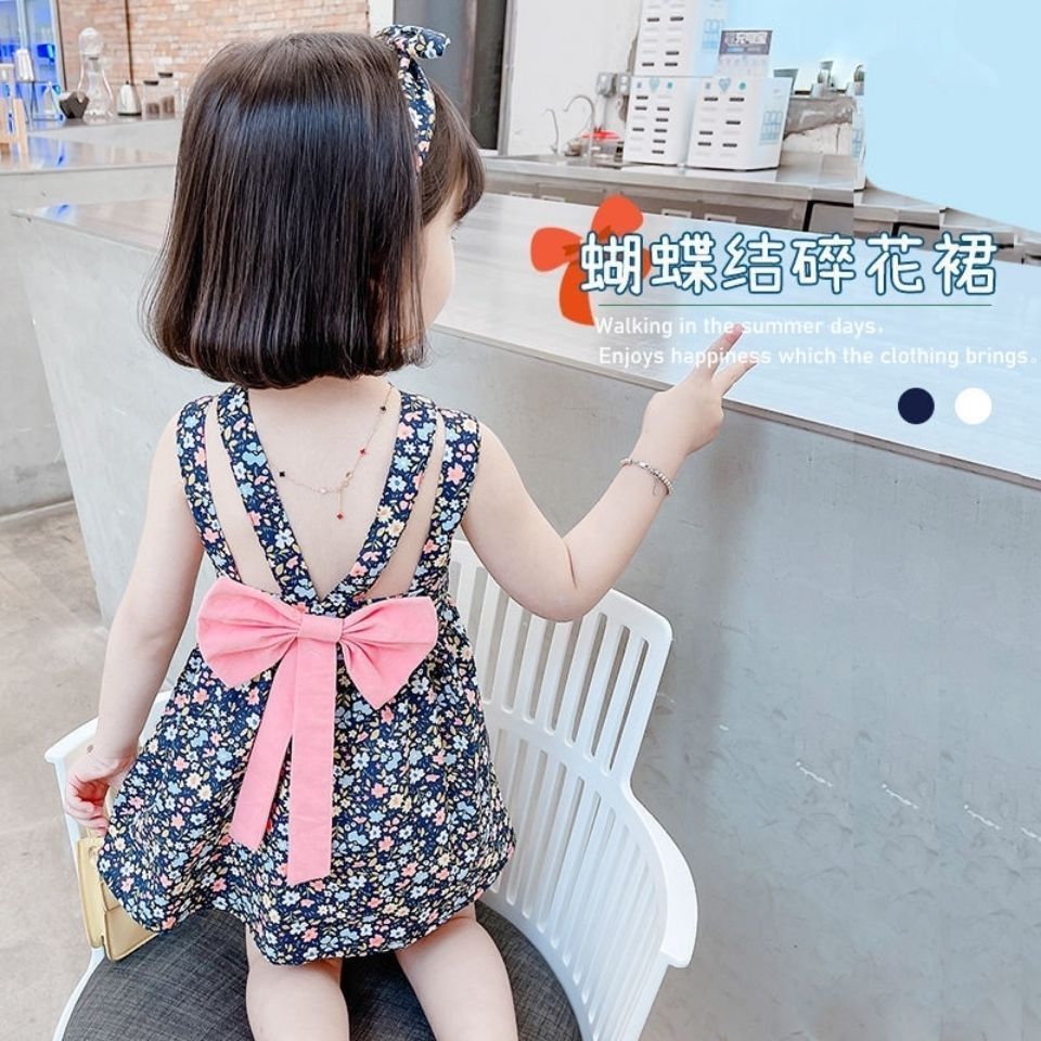 女童連衣裙2023夏季新款兒童碎花露背小女孩背心公主寶寶裙子洋氣
