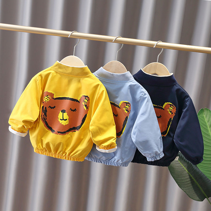 儿童两面穿棒球服外套2022洋气秋装男宝宝韩版夹克衫格子卡通上衣