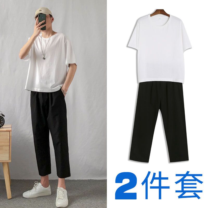 Summer suit male 2022 new Korean style trendy student handsome thin section slim fit nine points ice silk pants set