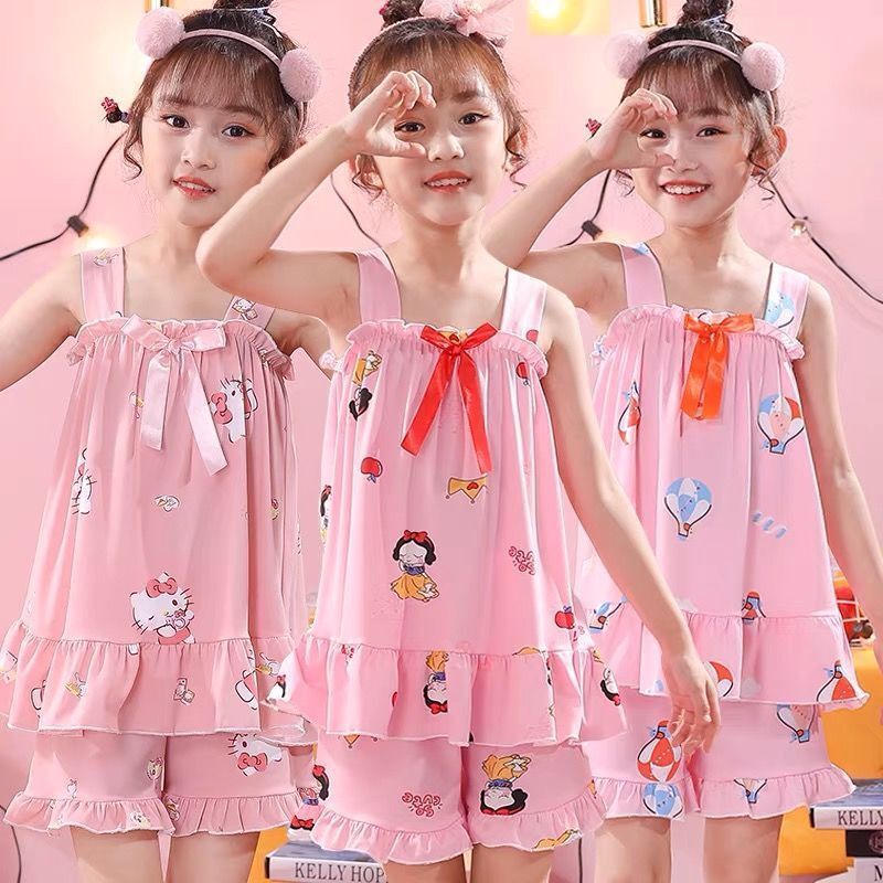Children's pajamas summer sling thin suit cartoon cute girl baby sleeveless sling middle and big children's home clothes