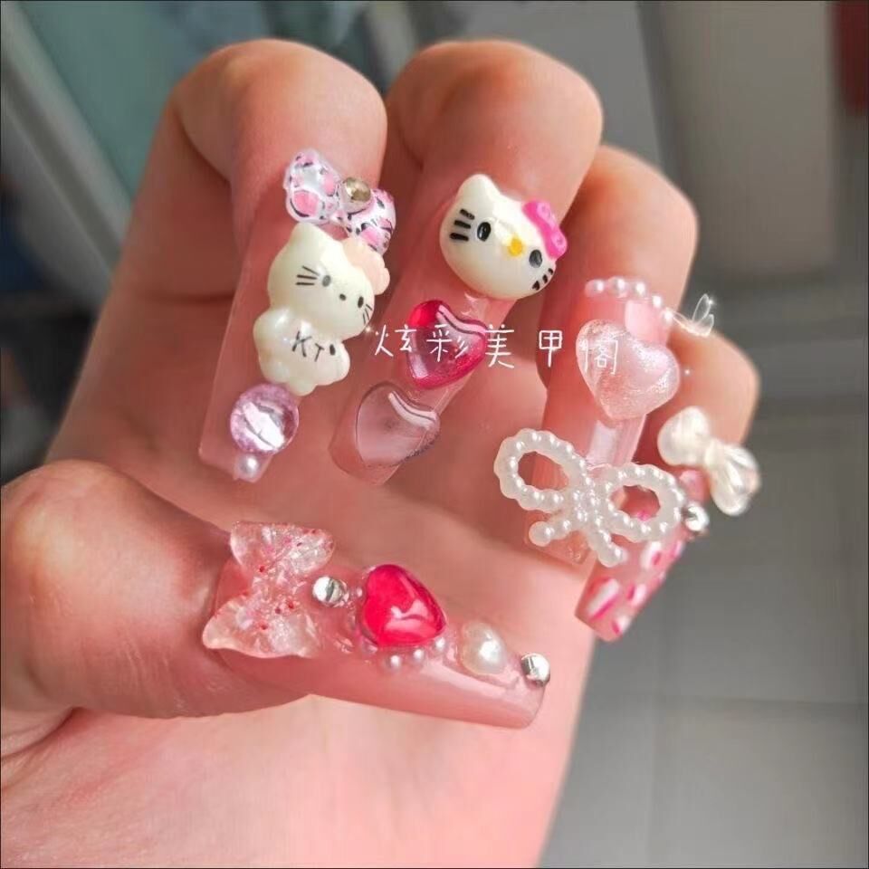 粉色 hello kitty美甲贴片穿戴美甲贴片 成品假指甲片 可拆卸【3月21