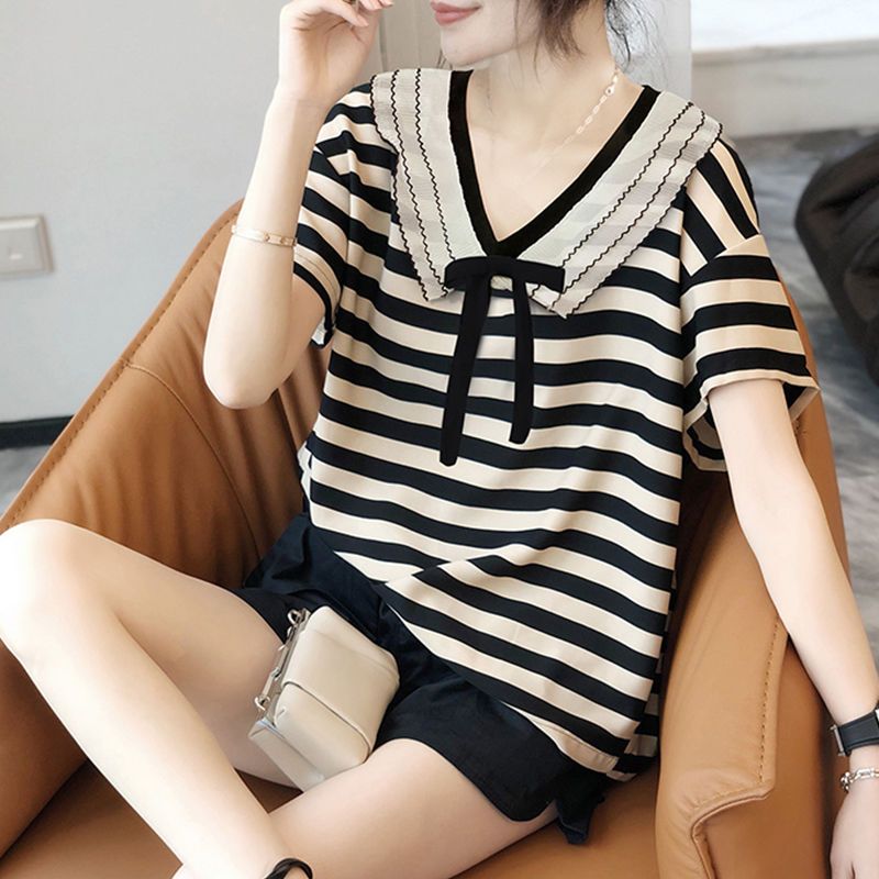 Plus size women's summer 2023 new short-sleeved women's trendy western style striped t-shirt loose slimming and age-reducing belly-covering top