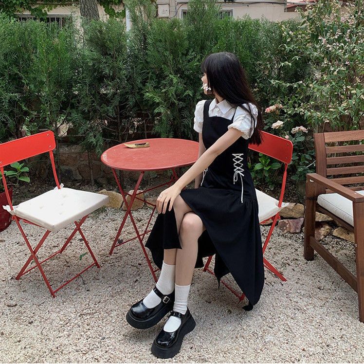 [Two-piece suit] Summer college style soft girl slim puff sleeve shirt + waist strap slit dress