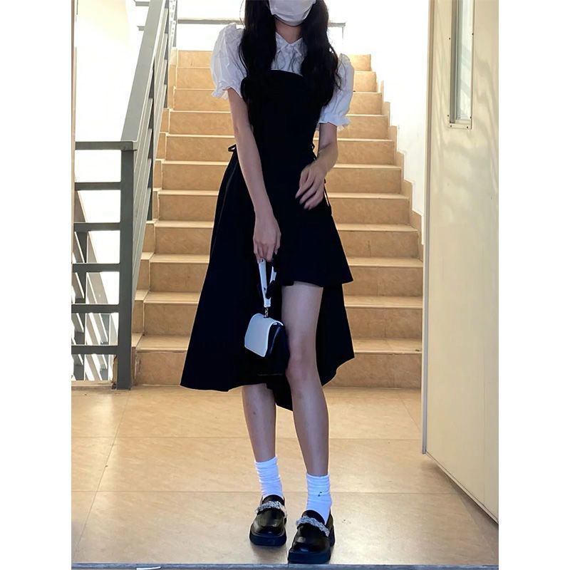 [Two-piece suit] Summer college style soft girl slim puff sleeve shirt + waist strap slit dress