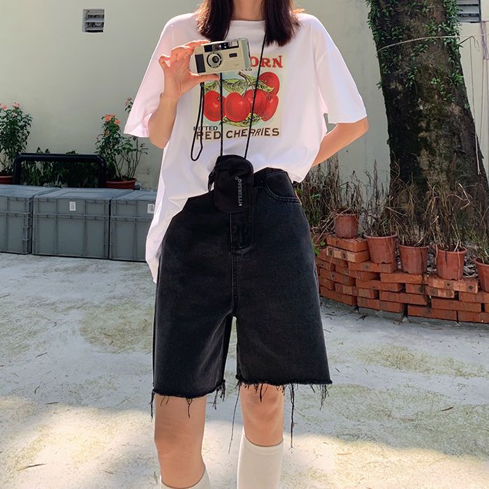 韓版ins黑色毛邊高腰直筒牛仔短褲女學生寬鬆百搭顯瘦闊腿五分褲