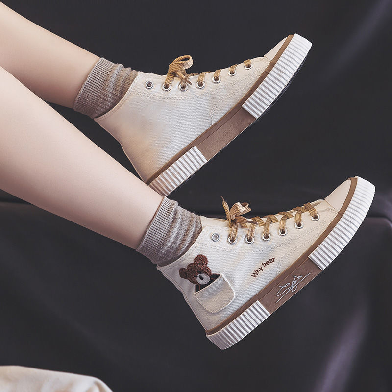 1970s高帮小熊布袋帆布鞋女学生韩版ulzzang夏季2021新款百搭板鞋