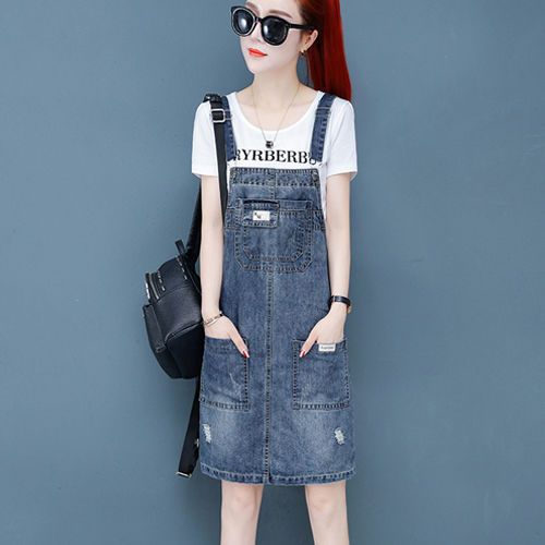 High-end dress 2022 skirt boudoir honey dress large size denim suspender skirt suit to cover belly and look thin and short