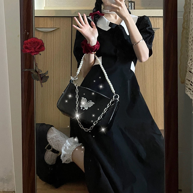 Hepburn style French retro waist slimming little black dress 2021 new summer puff sleeve small dress