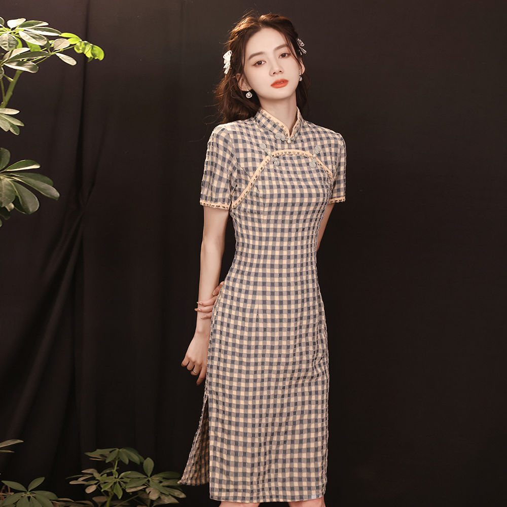 格子旗袍2022年新款夏小個子氣質年輕款改良版少女連衣裙時尚復古
