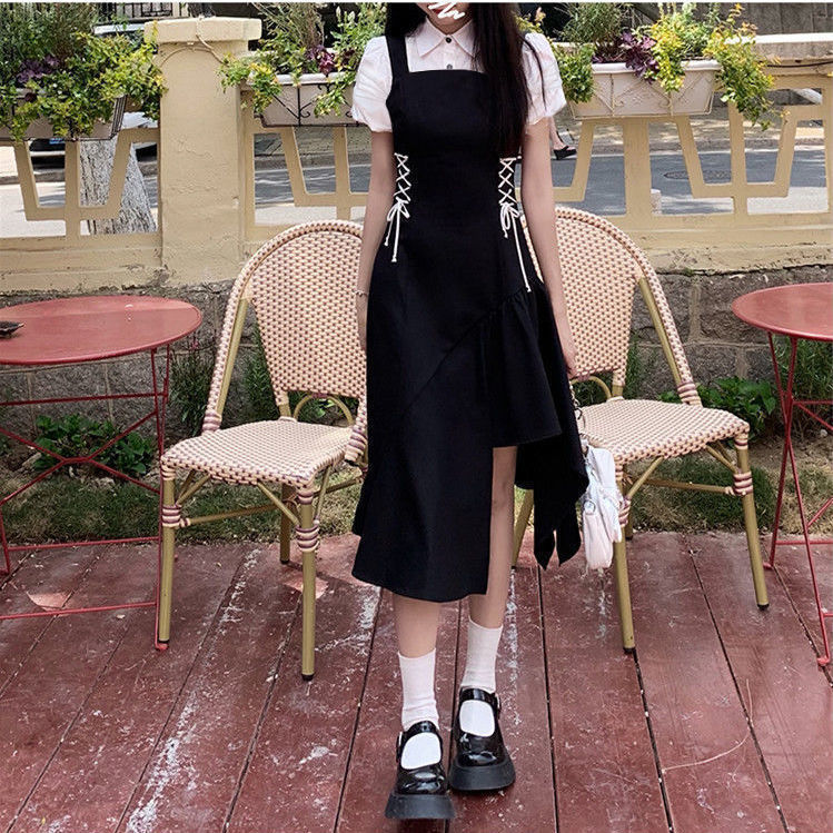 [Two-piece suit] Summer college style soft girl slim puff sleeve shirt + waist strap slit dress