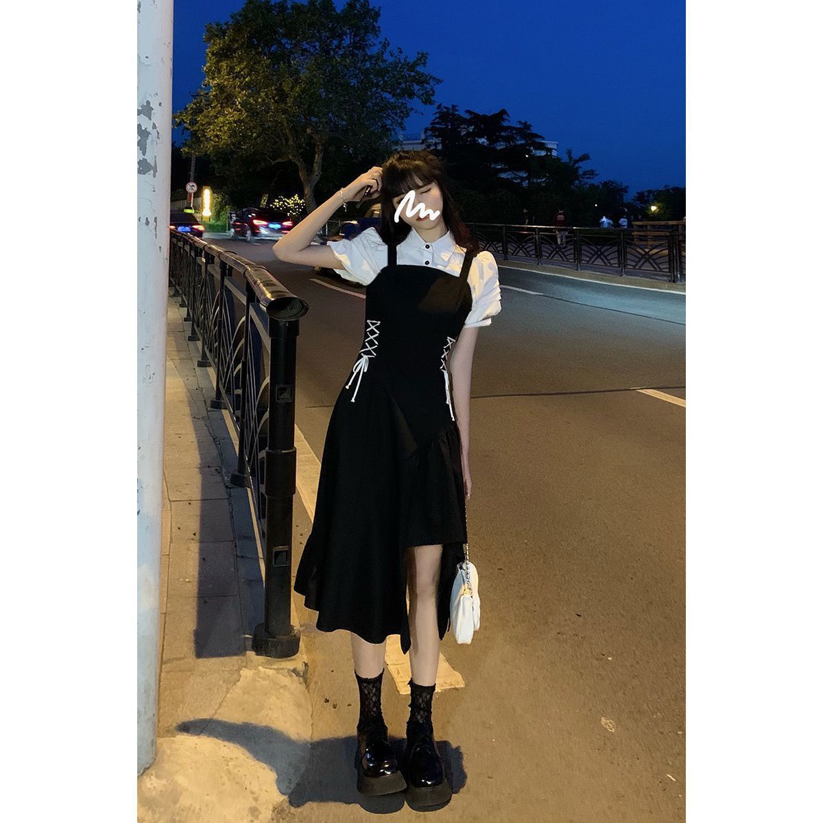 [Two-piece suit] Summer college style soft girl slim puff sleeve shirt + waist strap slit dress