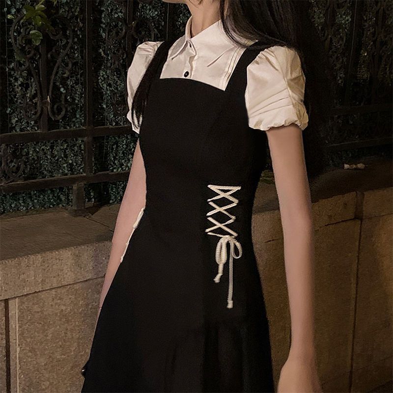 [Two-piece suit] Summer college style soft girl slim puff sleeve shirt + waist strap slit dress