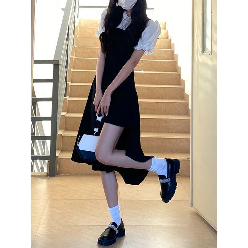 [Two-piece suit] Summer college style soft girl slim puff sleeve shirt + waist strap slit dress