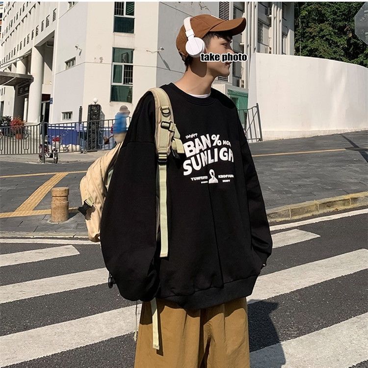 純棉春季衛衣男潮港風寬鬆學生潮流百搭圓領套頭上衣冬季加絨加厚