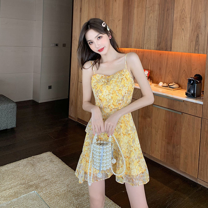 2021 summer new French a-word yellow can be sweet and salt floral suspender dress women's short section super fairy sweet