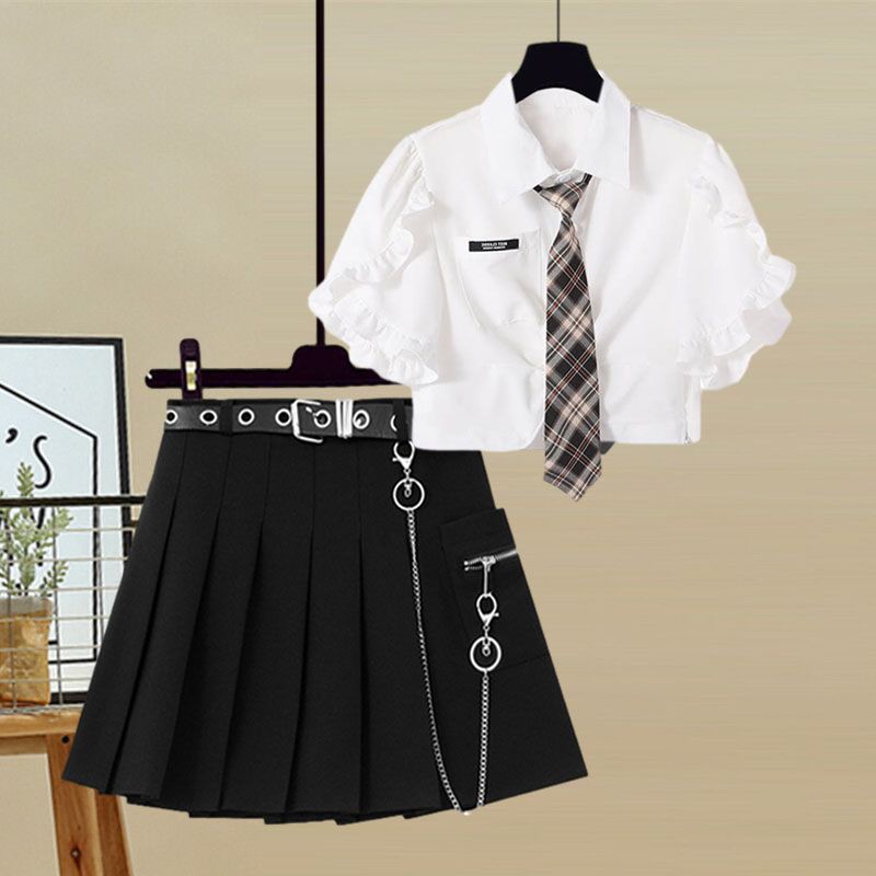 Plus size women's summer suit women's 2023 new waist slimming age reduction college style short-sleeved skirt two-piece set