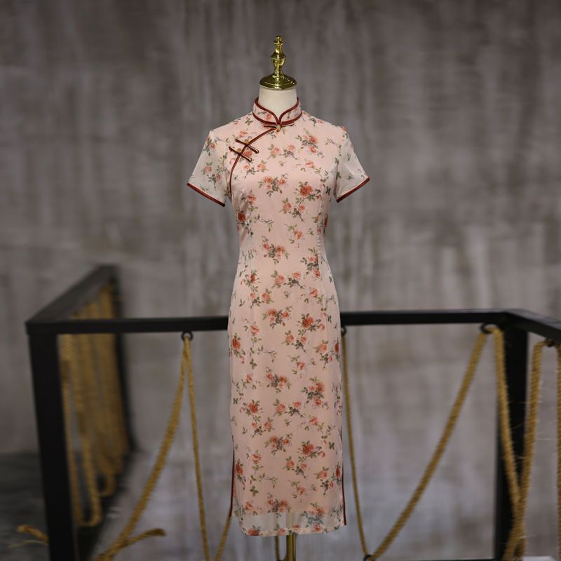 2023旗袍夏季薄款紅薔薇粉色春夏新款旗袍女年輕款甜美氣質中長款