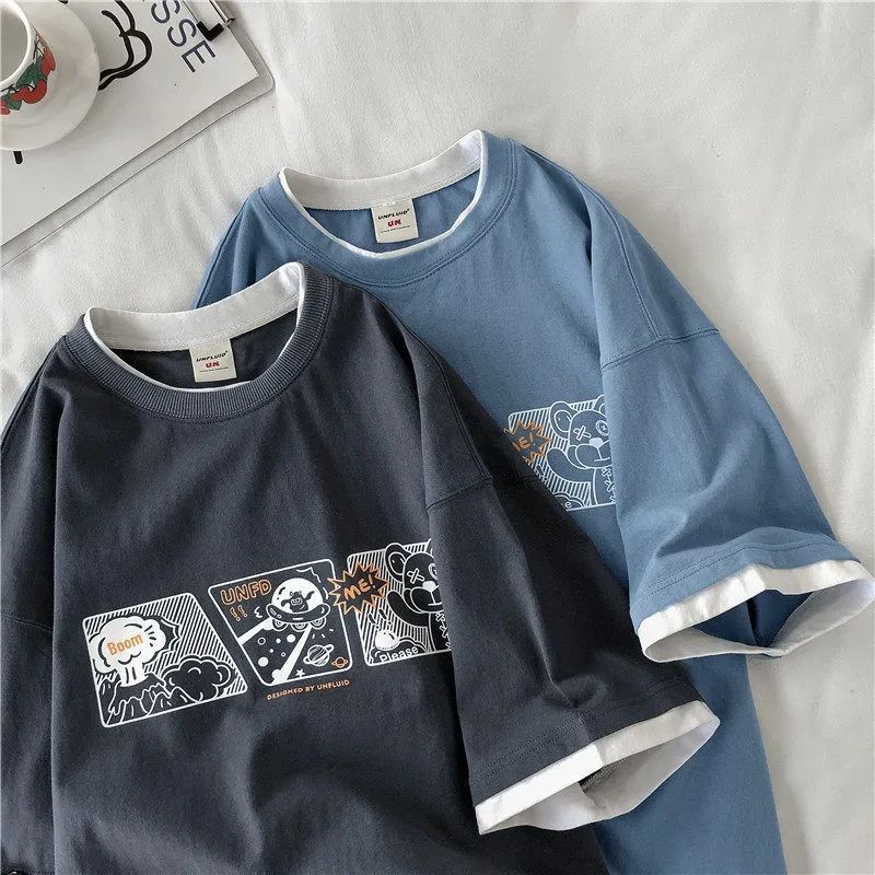 Fake two-piece short-sleeved white t-shirt female 2022 new ins Korean version loose half-sleeved couple tops