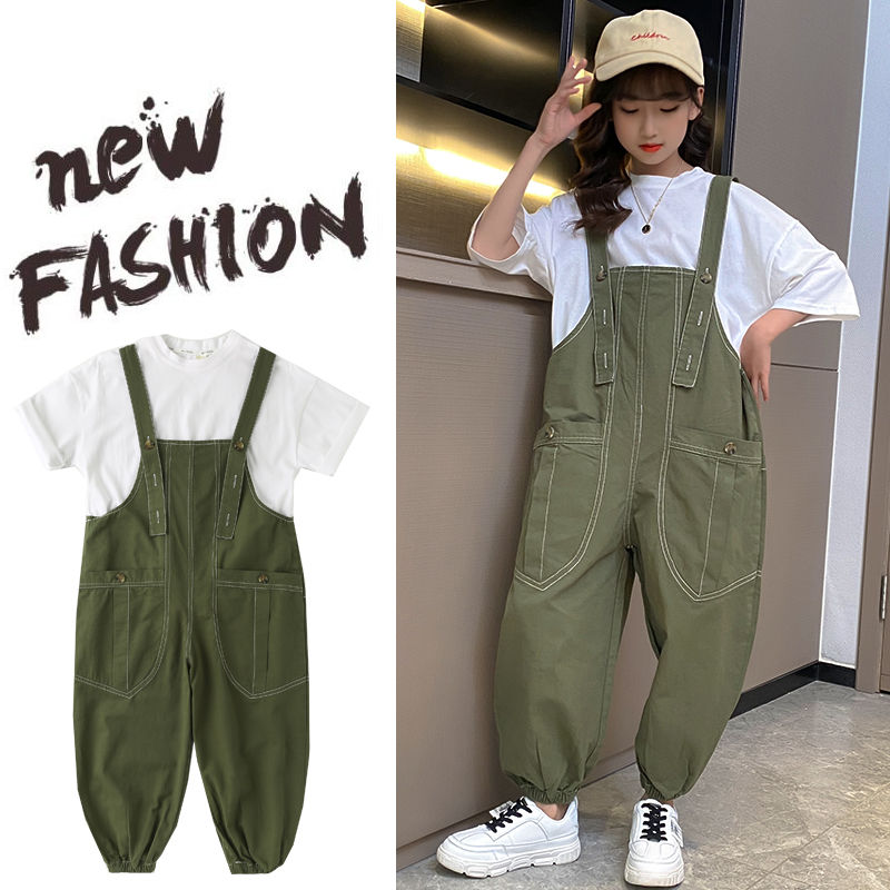 Girls' suit summer suit students new Korean version of foreign style children's clothing fashionable middle and big children's summer overalls two-piece set