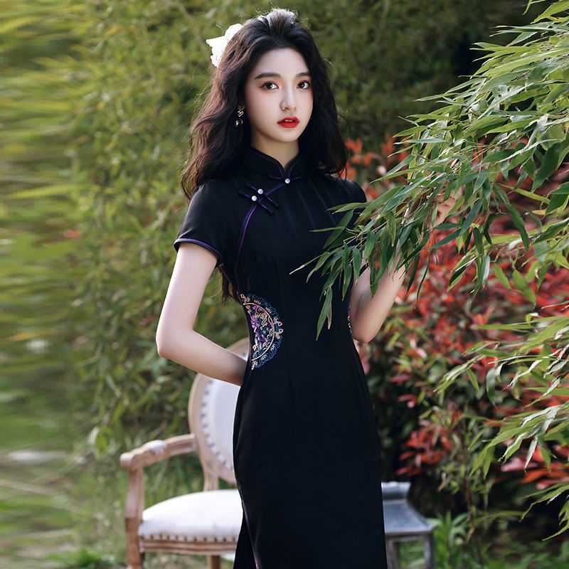 黑色旗袍2022年新款女夏季年輕款氣質顯瘦高端復古改良連衣裙國潮