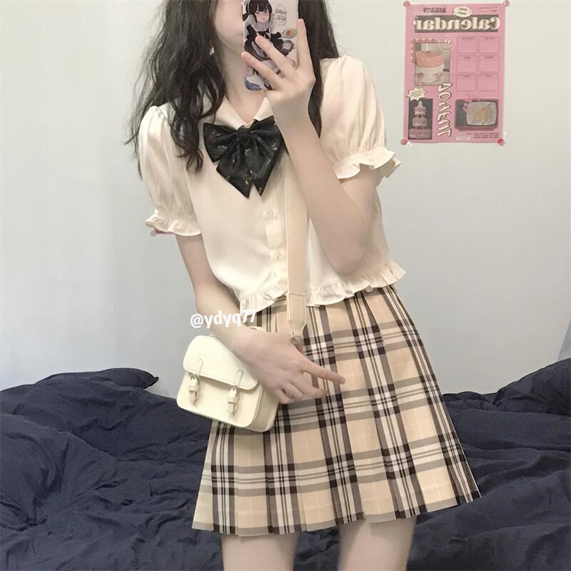 兩件套裝/單件學院風甜美寬鬆泡泡袖翻領襯衫高腰格紋百褶裙子