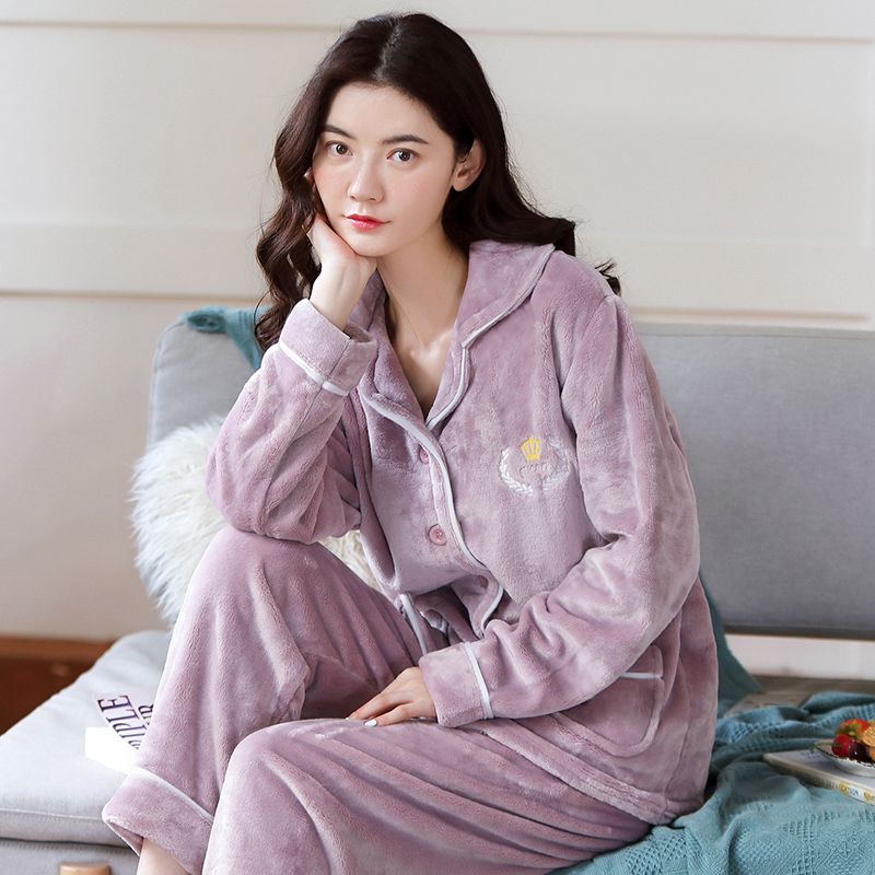 秋冬季珊瑚绒睡衣女士长袖大码保暖加厚加绒法兰绒春秋家居服套装