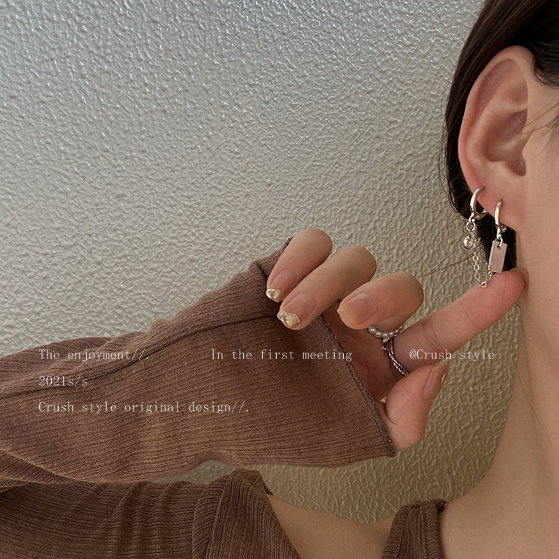 不对称链条耳钉女ins小众特别设计冷淡风银色双耳洞耳环高级耳饰