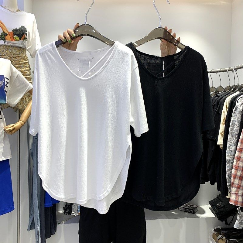 Short-sleeved t-shirt women's summer 2021 new Korean version of ins trendy solid color V-neck loose design sexy niche top clothes