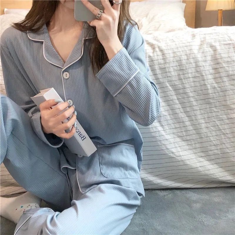 Korean version of pajamas women's spring and autumn thin section long-sleeved cardigan student sweet autumn and winter can wear cotton home service suit