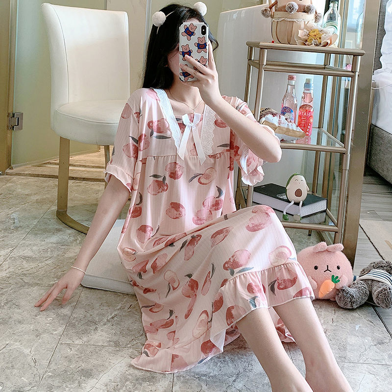 Nightdress female summer 2023 new spring and autumn short-sleeved cute large size loose thin section 300 catties home service pajamas
