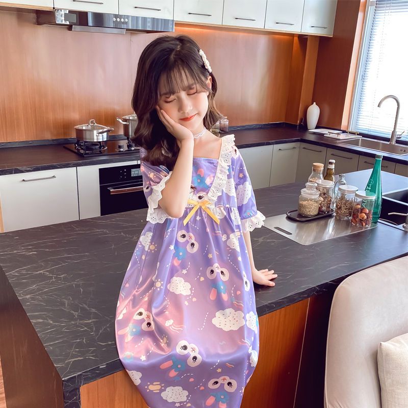 兒童睡裙女孩女童可愛絲綢公主風冰絲短袖睡衣真絲夏季薄款女夏
