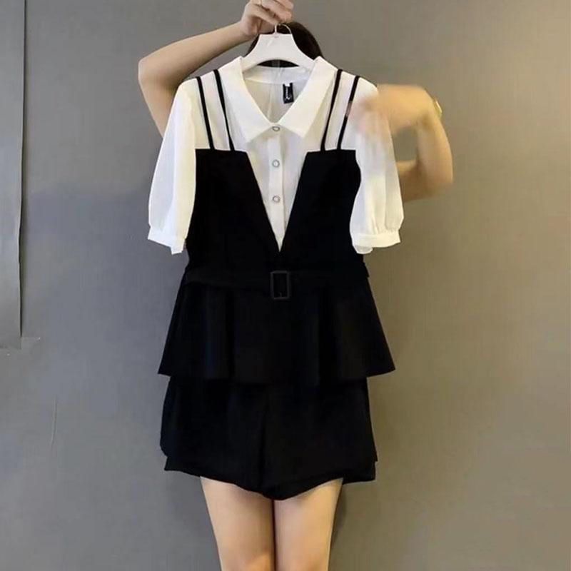 胖妹妹大碼女裝夏季新款假兩件短袖翻領襯衫顯瘦休閒短褲兩件套裝