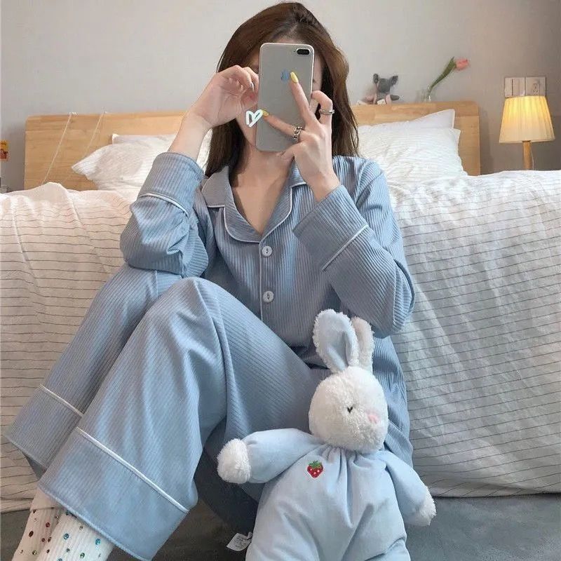 Korean version of pajamas women's spring and autumn thin section long-sleeved cardigan student sweet autumn and winter can wear cotton home service suit