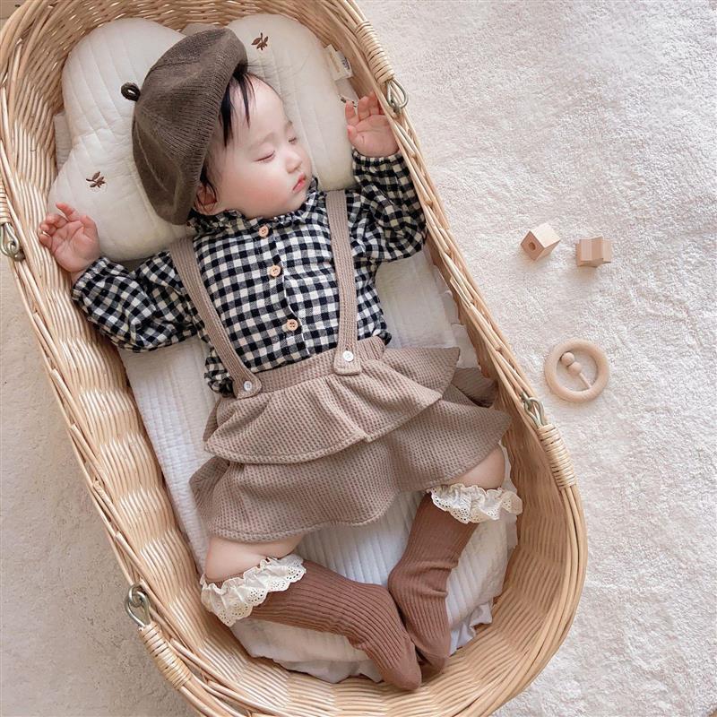 Infants and young children's new sling suit two-piece set small and medium-sized girls baby long-sleeved net red triangle romper suit foreign style princess