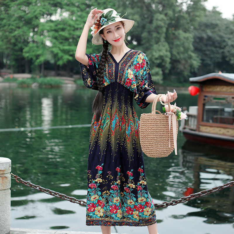 Ethnic style floral large size cotton silk dress summer bat sleeve high waist slimming fat mm printed cotton long skirt for women