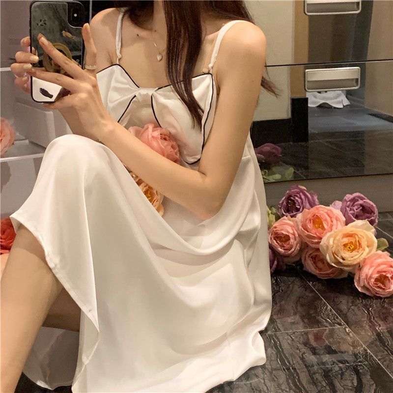 New Ice Silk Suspender Dress Pajamas Women's Silk Shoulder Straps Adjustable Sexy Princess Style Bowknot Homewear