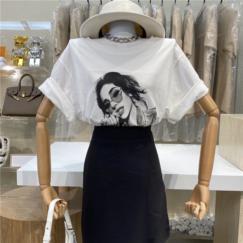 Retro printed short-sleeved T-shirt women's 2021 summer new loose round neck mid-length letters all-match casual tops