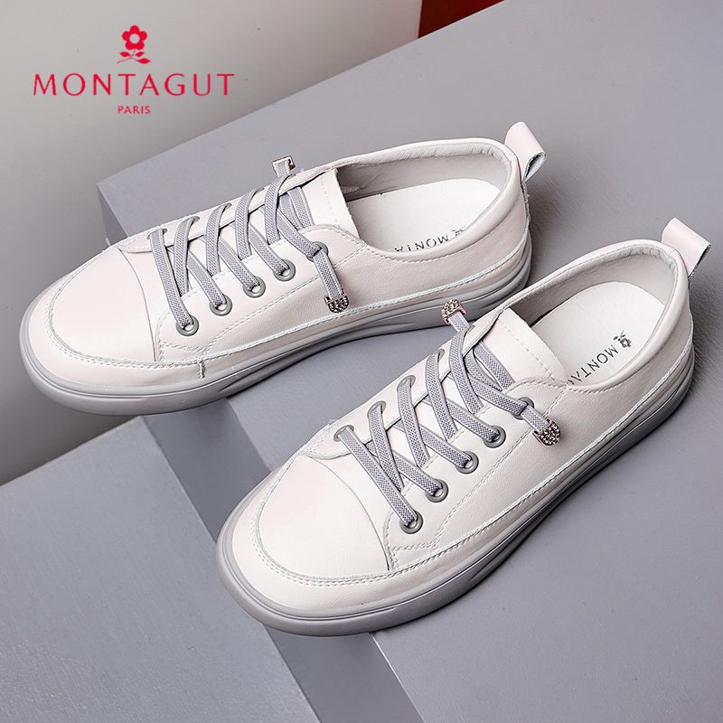 梦特娇头层牛皮2022新款秋季平底女休闲鞋纯色透气小白鞋百搭女鞋