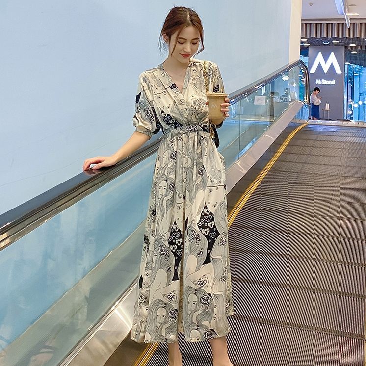 歐美大牌印花V領碎花雪紡連衣裙女2023夏季新款收腰顯瘦法式長裙