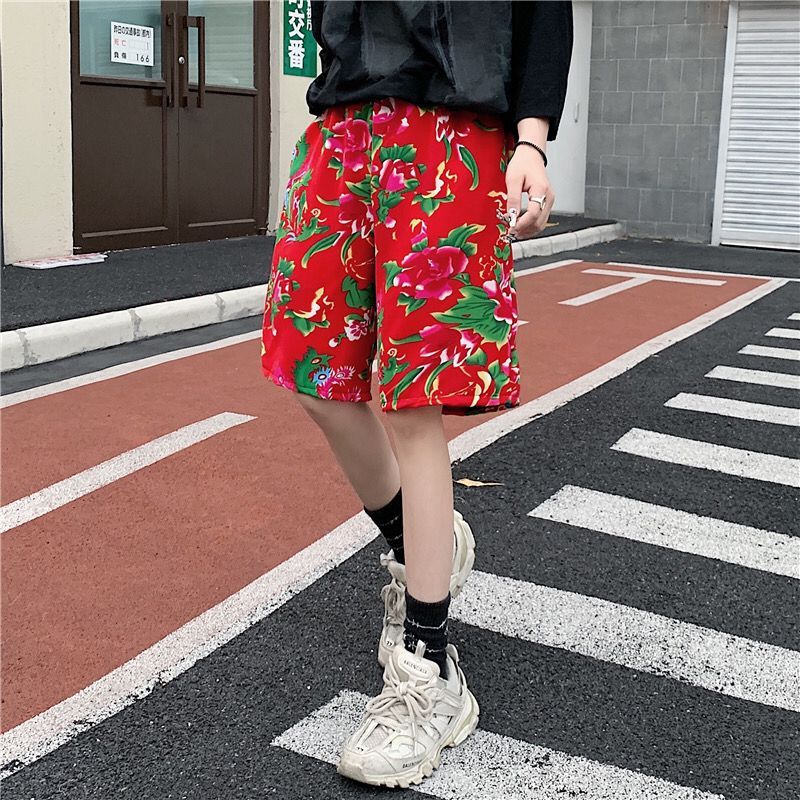 Douyin Fried Street Handsome Northeast Big Flower Pants Harajuku Style Net Red Flower Pants Loose Hip Hop Casual Shorts Men's and Women's Fashion